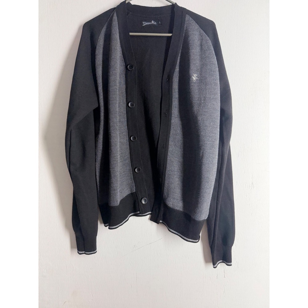 WhipperIn Mens Cardigan Sweater Large Black Grey Colorblock Button V-Neck Knit
